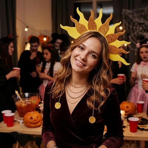 Sun Headband Sunshine Headband, Gold Yellow Glitter Sun Hair Headband with Beaded Chain Costume Accessory for Party Festival Birthday Baby Shower Photo Prop in Saudi Arabia