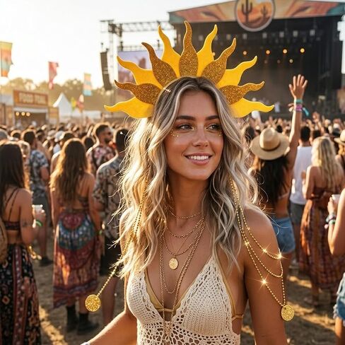 Sun Headband Sunshine Headband, Gold Yellow Glitter Sun Hair Headband with Beaded Chain Costume Accessory for Party Festival Birthday Baby Shower Photo Prop in Saudi Arabia