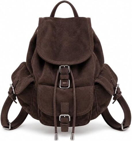 Suede Purse Backpack Retro Flap Daypack Sueded Medium Slouchy Soft Slouch Drawstring Pack with Buckle Pockets for Women Men Daily Everyday Fall Autumn(Coffee) in Kuwait