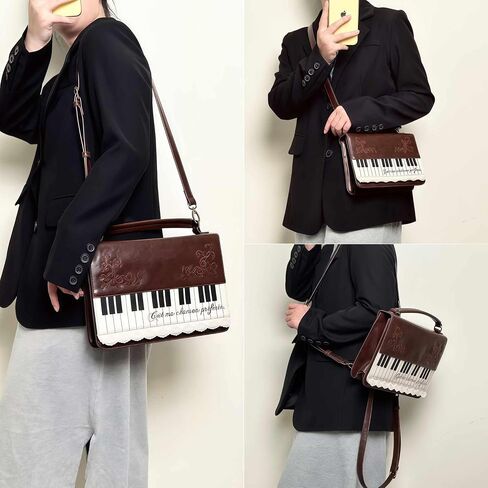 Piano Purse Music Bag, Kawaii Unique Crossbody Purses for Women, Brown Cute Messenger Bag, Whimsical Harajuku Anime Bag, Kawaii Cutecore Backpack, Whimsy Twee Lolita Fashion Aesthetic Accessories | Piano Pattern Design in Kuwait