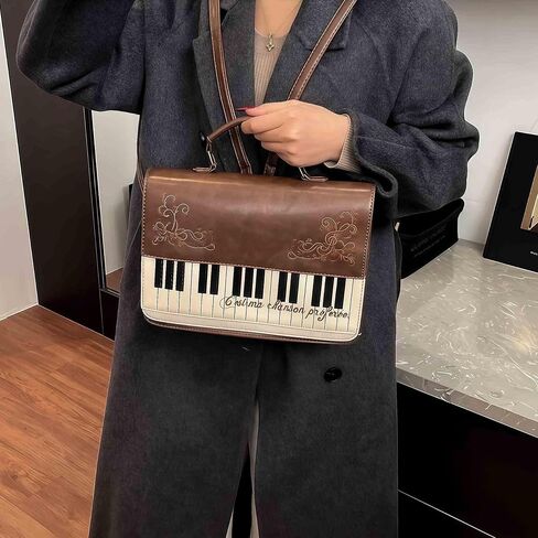 Piano Purse Music Bag, Kawaii Unique Crossbody Purses for Women, Brown Cute Messenger Bag, Whimsical Harajuku Anime Bag, Kawaii Cutecore Backpack, Whimsy Twee Lolita Fashion Aesthetic Accessories | Piano Pattern Design in Kuwait