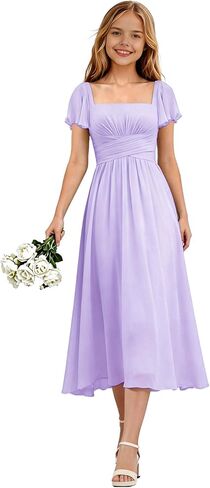 Short Sleeve Junior Bridesmaid Dresses Midi Chiffon Flower Girl Dress Square Neck Teen Girls Modest Wedding Guest Formal Gown in Saudi Arabia