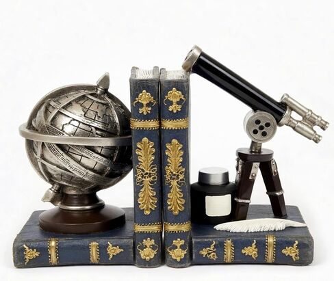 Bellaa Decorative Bookends Astronomy Vintage Retro Tellurion Galileo Sky Telescope Globe Armillary Sphere Non Skid Heavy-Duty Book Ends Shelves 29592 in Kuwait