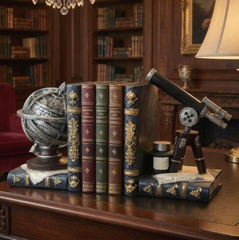 Bellaa Decorative Bookends Astronomy Vintage Retro Tellurion Galileo Sky Telescope Globe Armillary Sphere Non Skid Heavy-Duty Book Ends Shelves 29592 in Kuwait