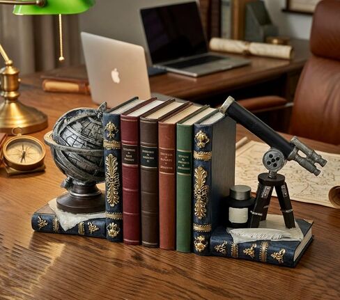 Bellaa Decorative Bookends Astronomy Vintage Retro Tellurion Galileo Sky Telescope Globe Armillary Sphere Non Skid Heavy-Duty Book Ends Shelves 29592 in Kuwait