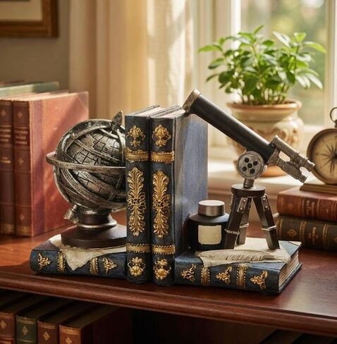 Bellaa Decorative Bookends Astronomy Vintage Retro Tellurion Galileo Sky Telescope Globe Armillary Sphere Non Skid Heavy-Duty Book Ends Shelves 29592 in Kuwait
