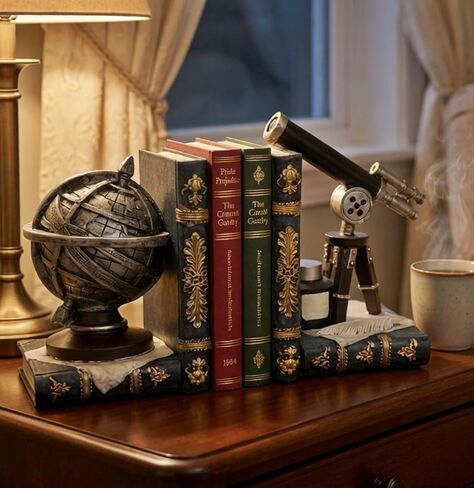 Bellaa Decorative Bookends Astronomy Vintage Retro Tellurion Galileo Sky Telescope Globe Armillary Sphere Non Skid Heavy-Duty Book Ends Shelves 29592 in Kuwait