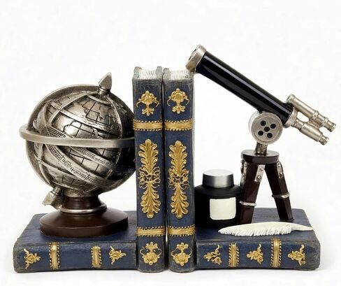 Bellaa Decorative Bookends Astronomy Vintage Retro Tellurion Galileo Sky Telescope Globe Armillary Sphere Non Skid Heavy-Duty Book Ends Shelves 29592 in Kuwait