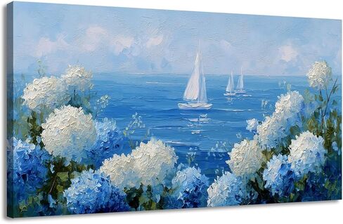 llribbons Coastal Wall Art Hydrangea Sailboat Canvas Pictures Flowers Bloom Seascape Painting Modern Blue Artwork for Bathroom Beach House Bedroom Living Room Home Office Wall Decor Framed 23" x 46" in Saudi Arabia