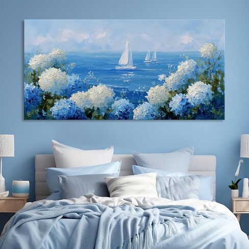 llribbons Coastal Wall Art Hydrangea Sailboat Canvas Pictures Flowers Bloom Seascape Painting Modern Blue Artwork for Bathroom Beach House Bedroom Living Room Home Office Wall Decor Framed 23" x 46" in Saudi Arabia