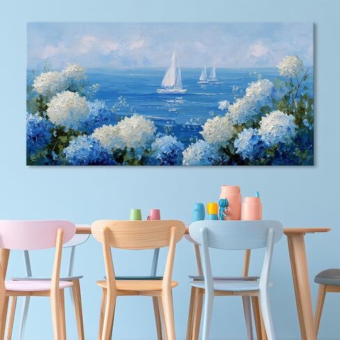 llribbons Coastal Wall Art Hydrangea Sailboat Canvas Pictures Flowers Bloom Seascape Painting Modern Blue Artwork for Bathroom Beach House Bedroom Living Room Home Office Wall Decor Framed 23" x 46" in Saudi Arabia