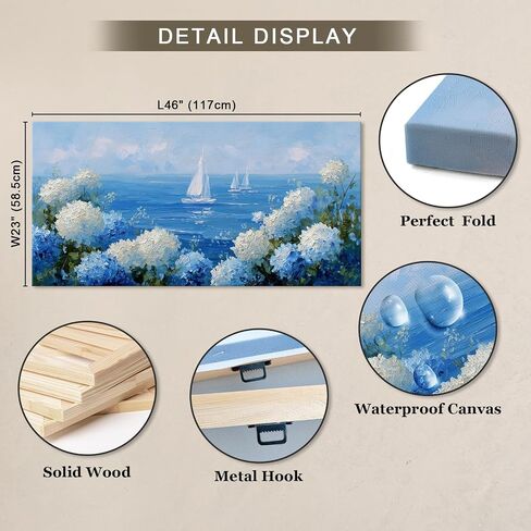llribbons Coastal Wall Art Hydrangea Sailboat Canvas Pictures Flowers Bloom Seascape Painting Modern Blue Artwork for Bathroom Beach House Bedroom Living Room Home Office Wall Decor Framed 23" x 46" in Saudi Arabia