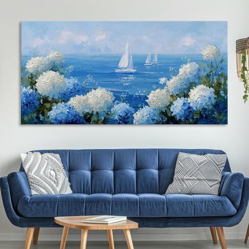 llribbons Coastal Wall Art Hydrangea Sailboat Canvas Pictures Flowers Bloom Seascape Painting Modern Blue Artwork for Bathroom Beach House Bedroom Living Room Home Office Wall Decor Framed 23" x 46" in Saudi Arabia