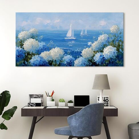 llribbons Coastal Wall Art Hydrangea Sailboat Canvas Pictures Flowers Bloom Seascape Painting Modern Blue Artwork for Bathroom Beach House Bedroom Living Room Home Office Wall Decor Framed 23" x 46" in Saudi Arabia