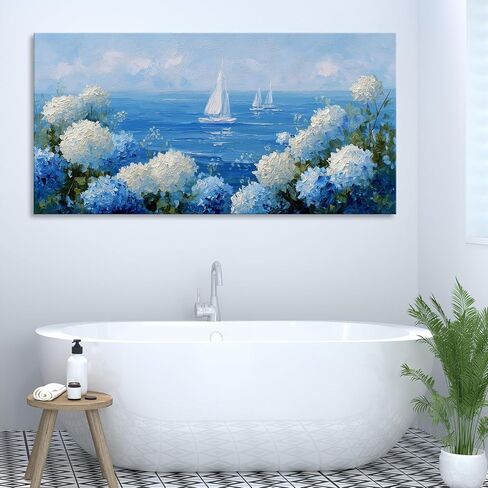 llribbons Coastal Wall Art Hydrangea Sailboat Canvas Pictures Flowers Bloom Seascape Painting Modern Blue Artwork for Bathroom Beach House Bedroom Living Room Home Office Wall Decor Framed 23" x 46" in Saudi Arabia
