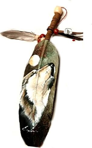 Wolf Hand Painting on a Large Feather by Jose Carmelo Canales in Saudi Arabia