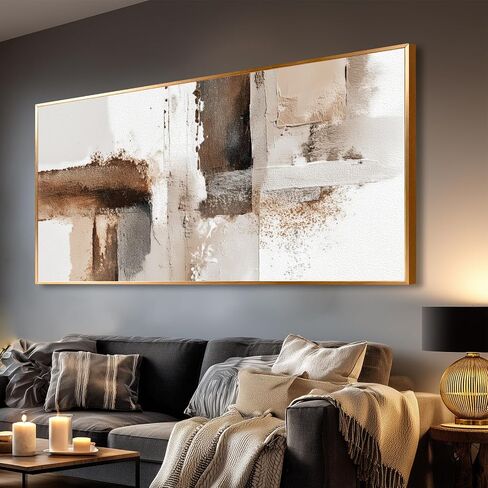Azatyam Abstract Beige Brown White Metal Framed Wall Art for Living Room Minimalist Modern Decor Office Home Canvas Wall Art Picture Prints Horizontal Large Artwork Paintings Decor 24" x 46" in Kuwait