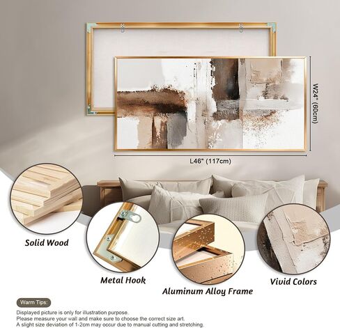 Azatyam Abstract Beige Brown White Metal Framed Wall Art for Living Room Minimalist Modern Decor Office Home Canvas Wall Art Picture Prints Horizontal Large Artwork Paintings Decor 24" x 46" in Kuwait