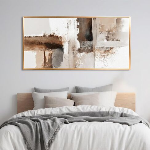 Azatyam Abstract Beige Brown White Metal Framed Wall Art for Living Room Minimalist Modern Decor Office Home Canvas Wall Art Picture Prints Horizontal Large Artwork Paintings Decor 24" x 46" in Kuwait