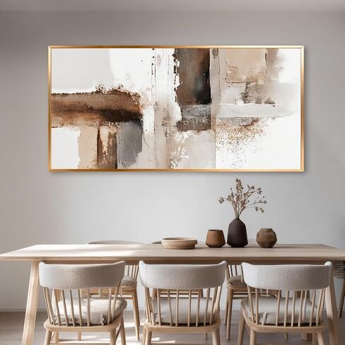 Azatyam Abstract Beige Brown White Metal Framed Wall Art for Living Room Minimalist Modern Decor Office Home Canvas Wall Art Picture Prints Horizontal Large Artwork Paintings Decor 24" x 46" in Kuwait