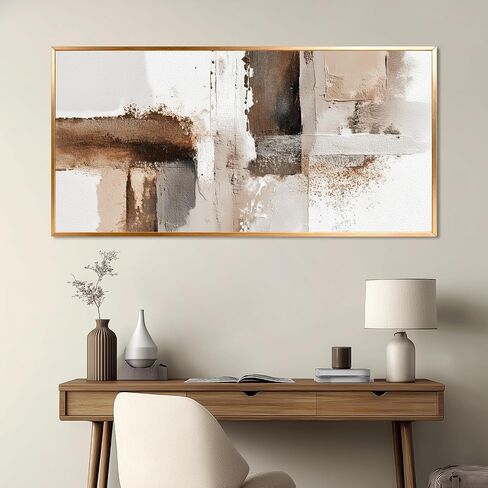 Azatyam Abstract Beige Brown White Metal Framed Wall Art for Living Room Minimalist Modern Decor Office Home Canvas Wall Art Picture Prints Horizontal Large Artwork Paintings Decor 24" x 46" in Kuwait