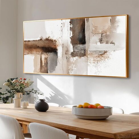 Azatyam Abstract Beige Brown White Metal Framed Wall Art for Living Room Minimalist Modern Decor Office Home Canvas Wall Art Picture Prints Horizontal Large Artwork Paintings Decor 24" x 46" in Kuwait