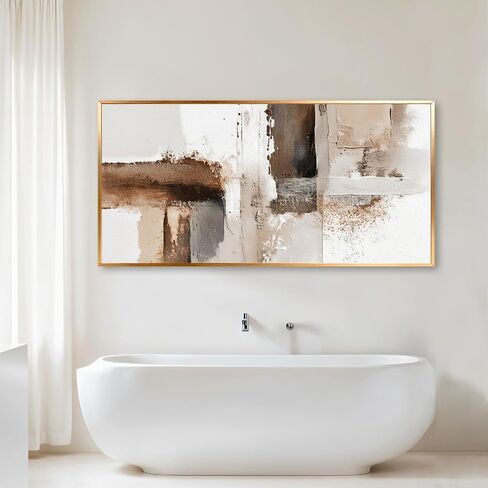 Azatyam Abstract Beige Brown White Metal Framed Wall Art for Living Room Minimalist Modern Decor Office Home Canvas Wall Art Picture Prints Horizontal Large Artwork Paintings Decor 24" x 46" in Kuwait