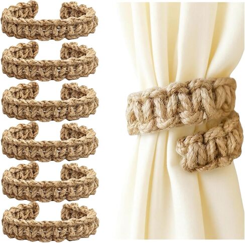 6 Pcs Braided Boho Curtain Tiebacks,Natural Jute Rope Rustic Curtain Tie Backs,No Drill Wall Mounted Hooks Holdbacks Accessories for Indoor Outdoor in Saudi Arabia