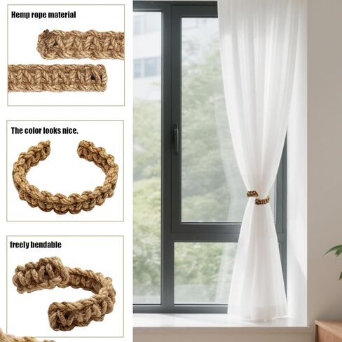 6 Pcs Braided Boho Curtain Tiebacks,Natural Jute Rope Rustic Curtain Tie Backs,No Drill Wall Mounted Hooks Holdbacks Accessories for Indoor Outdoor in Saudi Arabia