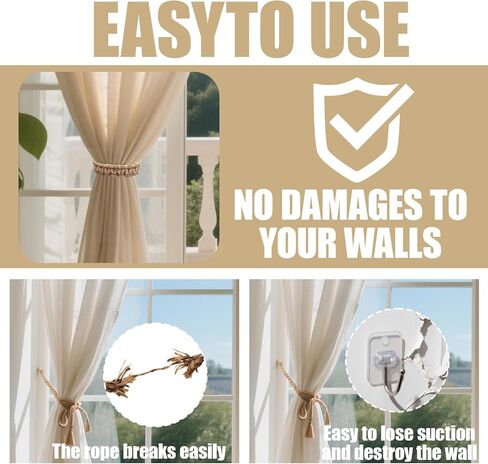 6 Pcs Braided Boho Curtain Tiebacks,Natural Jute Rope Rustic Curtain Tie Backs,No Drill Wall Mounted Hooks Holdbacks Accessories for Indoor Outdoor in Saudi Arabia