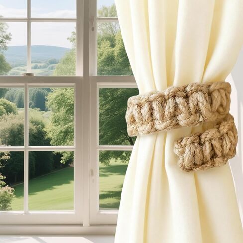 6 Pcs Braided Boho Curtain Tiebacks,Natural Jute Rope Rustic Curtain Tie Backs,No Drill Wall Mounted Hooks Holdbacks Accessories for Indoor Outdoor in Saudi Arabia