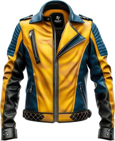 Men's yellow Black Blue Leather Jacket for Men, asymmetrical zippers, Biker Style, Quilted Shoulders & Lapel Collar,Cosplay in Kuwait