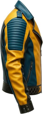 Men's yellow Black Blue Leather Jacket for Men, asymmetrical zippers, Biker Style, Quilted Shoulders & Lapel Collar,Cosplay in Kuwait