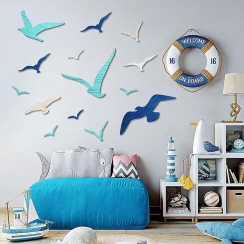Meching 14Pcs Wooden Seagull Wall Decor, Nautical Coastal Theme Beach Wall Art, Self-Adhesive Sea Birds Ocean Sculpture Vintage Ornaments for Home Living Room Kitchen Bathroom Bedroom Office in Saudi Arabia