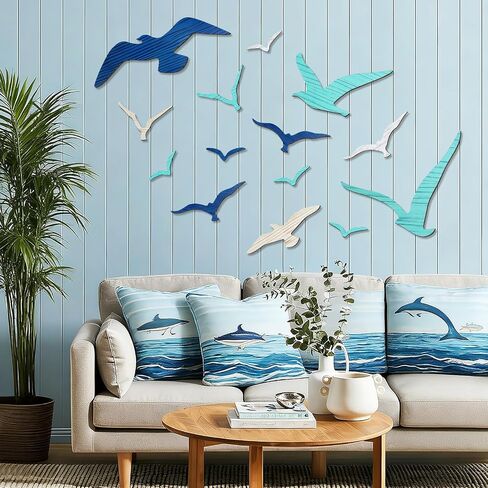 Meching 14Pcs Wooden Seagull Wall Decor, Nautical Coastal Theme Beach Wall Art, Self-Adhesive Sea Birds Ocean Sculpture Vintage Ornaments for Home Living Room Kitchen Bathroom Bedroom Office in Saudi Arabia