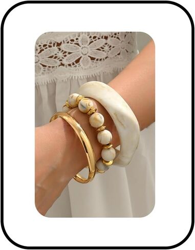 3Pcs Chunky Gold Bangles Bracelets for Women Resin Beaded Bracelets Irregular Layered Bracelets Set Lightweight Boho Beach Fashion Jewelry Accessaries in Saudi Arabia
