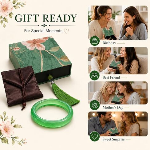 Emerald Green Bangle Bracelet for Women, Feng Shui Inspired Good Luck Bracelet with Vintage Floral Gift Box, 2.5 Inch Jade-Like Lucky Jewelry Gift for Mom Grandma Wife in Saudi Arabia