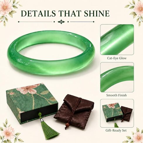 Emerald Green Bangle Bracelet for Women, Feng Shui Inspired Good Luck Bracelet with Vintage Floral Gift Box, 2.5 Inch Jade-Like Lucky Jewelry Gift for Mom Grandma Wife in Saudi Arabia