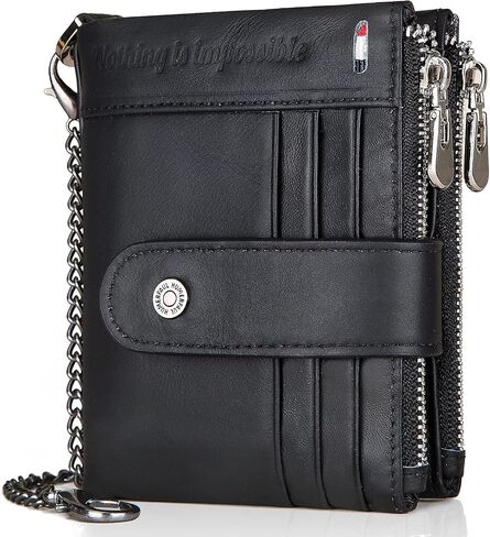 Genuine Leather Trifold Men's Wallet with Anti-Theft Chain, RFID Blocking, Double Zipper Coin Pouch & 12+ Card Slots, Biker Style Travel Wallet (Black) in Saudi Arabia