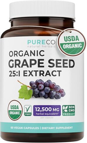 PURE CO USDA Organic Grape Seed Extract - High Potency 25:1 Grapeseed Supplement with 12,500mg Herbal Equivalent Strength - Antioxidant Support - Vegan & Non-GMO (4 Month Supply) in Saudi Arabia