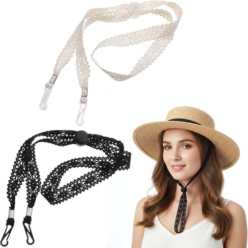 2 PCS Hat Straps for Wind, Adjustable Lace Hats Chin Strap for Women, Sun Hat Chin Cord Replacement Rope Hats for Beach Outdoor Activities Golfing Fishing Boatin Black, Beige in Kuwait