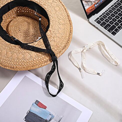2 PCS Hat Straps for Wind, Adjustable Lace Hats Chin Strap for Women, Sun Hat Chin Cord Replacement Rope Hats for Beach Outdoor Activities Golfing Fishing Boatin Black, Beige in Kuwait