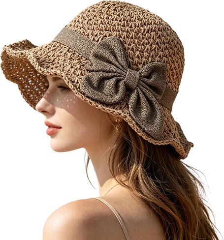 Sun Hats for Women Elegant Straw with Bow Summer Beach Sun Straw Hats for Women Wide Brim Packable Travel Bucket Hats in Saudi Arabia