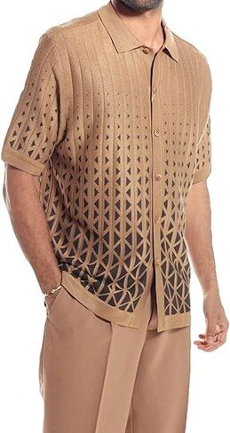 ErnZi Men's 2 Piece Outfit Criss-Cross Pattern Walking Suit Short Sleeve Set with Long Pants Button Beach Casual in Saudi Arabia