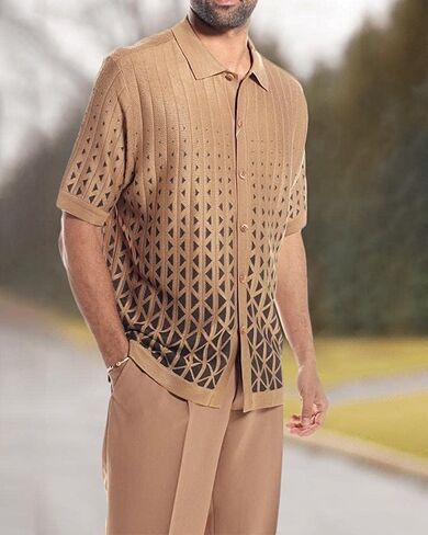 ErnZi Men's 2 Piece Outfit Criss-Cross Pattern Walking Suit Short Sleeve Set with Long Pants Button Beach Casual in Kuwait
