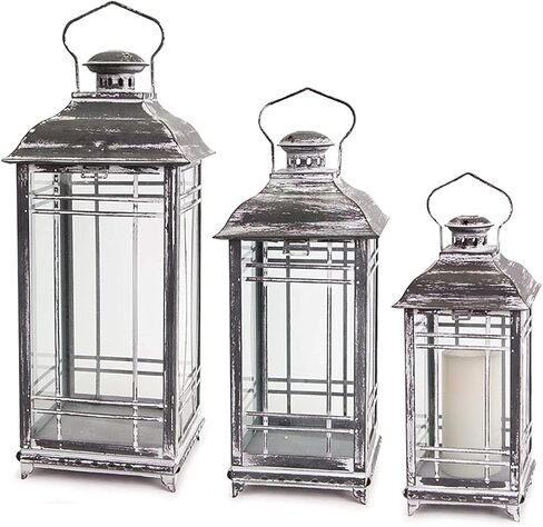 Set of 3 Mission Style White and Graphite Grey Candle Lanterns - 14-17-20 Inch - Melrose, Gray and White in Kuwait