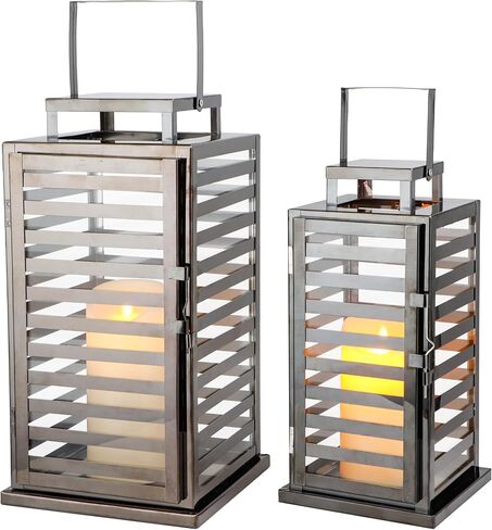 TRIROCKS Set of 2 Stainless Steel Lantern 18 &15" H Decorative Candle Lanterns with Tempered Glass Panels Indoor & Outdoor Candle Holder for Living Room Wedding Parties Events - Nickel Black Finish in Saudi Arabia