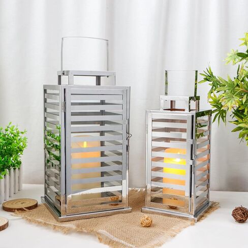 TRIROCKS Set of 2 Stainless Steel Lantern 18 &15" H Decorative Candle Lanterns with Tempered Glass Panels Indoor & Outdoor Candle Holder for Living Room Wedding Parties Events - Nickel Black Finish in Saudi Arabia