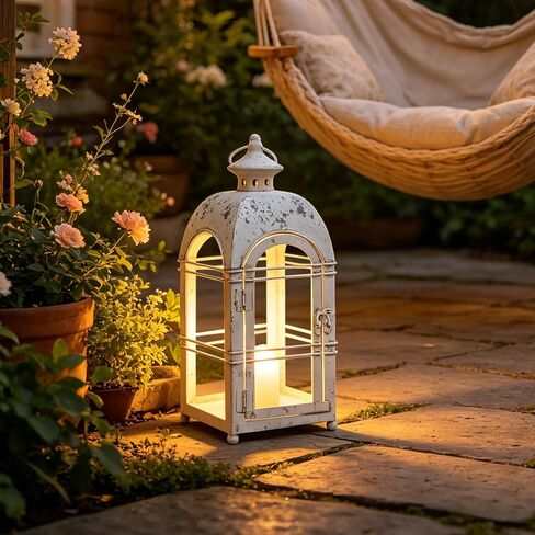 14" H Vintage Farmhouse Metal Candle Lantern, Rustic Distressed White Glass-Free Open Frame Hanging Candle Holder, Indoor & Covered Outdoor Decor for Garden Front Porch Patio Wedding in Saudi Arabia