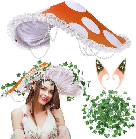 Riyiper 3 Pcs Mushroom Hat Accessories Set Renaissance Medieval Costume Victorian Fairy Elf Outfit Ears Garland for Women in Saudi Arabia